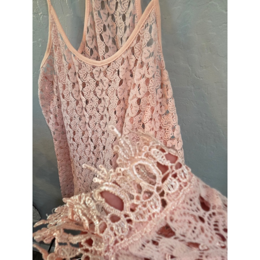 SO Los Angeles Pink Lace Racerback Tank Top Sheer Crochet Fringe Hem L - Picture 3 of 5